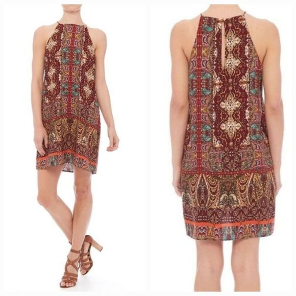 Tyche Navy Tribal Print Trapeze Shift Mini Dress Sleeveless High Neck Summer - Picture 4 of 11